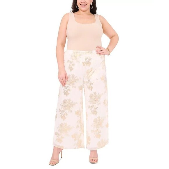 MSK Women's Plus Size Printed Chiffon Pull-On Palazzo Pants Ivory Gold 2X - Picture 4 of 11